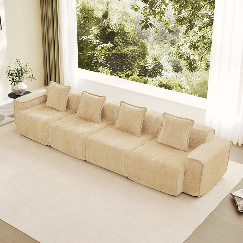 Canapé modulaire à 4 places avec passepoil à bordure française, sans assemblage requis, canapé modulaire moderne à 4 places avec coussins décoratifs, tissu velours clair chameau