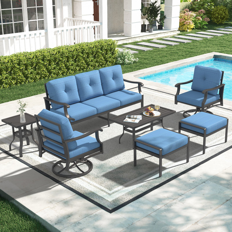 Ensemble de conversation de patio en aluminium 7 pièces, mobilier d'extérieur en métal avec canapé 3 places, chaises pivotantes à bascule, repose-pieds et table basse, coussins épaissis de 5 po pour la cour arrière, près de la piscine