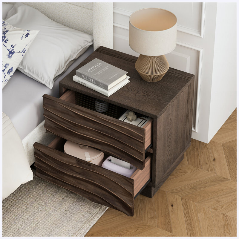 Table de chevet moderne en bois massif avec 2 tiroirs sans poignée, table de chevet moderne pour le salon, finition brune, 1