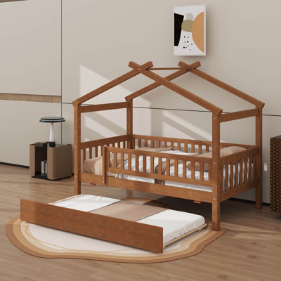 Lit simple en bois de style maison avec lit gigogne escamotable simple, cadre de lit en bois avec toit et garde-corps de protection