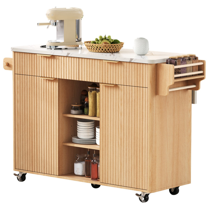 52" Natural Fluted Rolling Kitchen Island with Drop Leaf, Power Outlet & Adjustable Shelves - Storage Cart with 2 Doors, 2 Drawers & Faux Marble Top