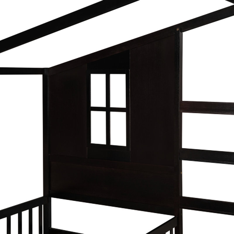 Twin Size Wood House Bed With Long-Lasting Slatted Formation And Fence In Secure