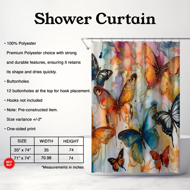 Bold Butterfly Art - rideau de douche standard 1 pièce, H 74 po x l 71 po