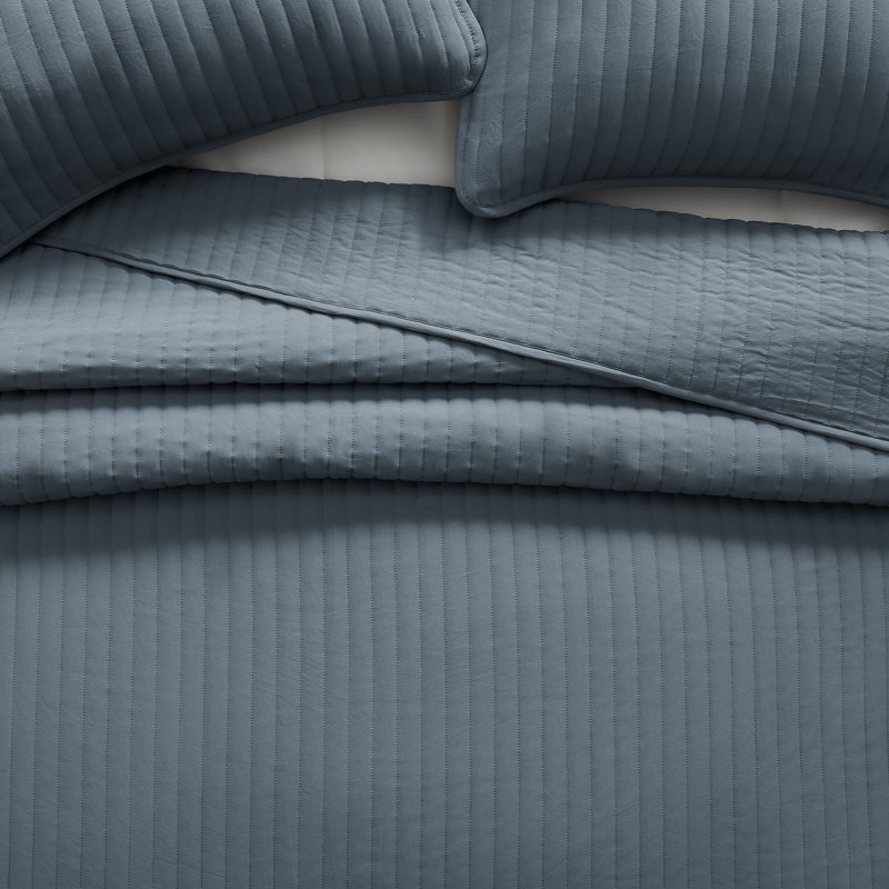 Straight Stitch Vintage Washed Quilt Set, Blue Straight Line, Full/Queen Quilt + 2 Standard Shams