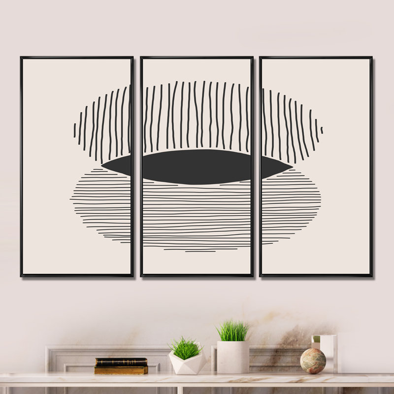 «Minimal Geometric Lines And Circle II», reproduction de cadre photo sur toile 3 pièces, Cadre noir
