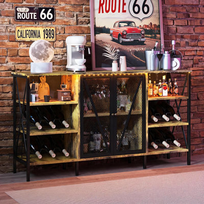 Meuble-bar rustique avec éclairage DEL, meuble-bar à café avec casier à vin et porte-verres, buffet en métal avec portes grillagées et casier à bouteilles amovible pour bar de salon, brun rustique