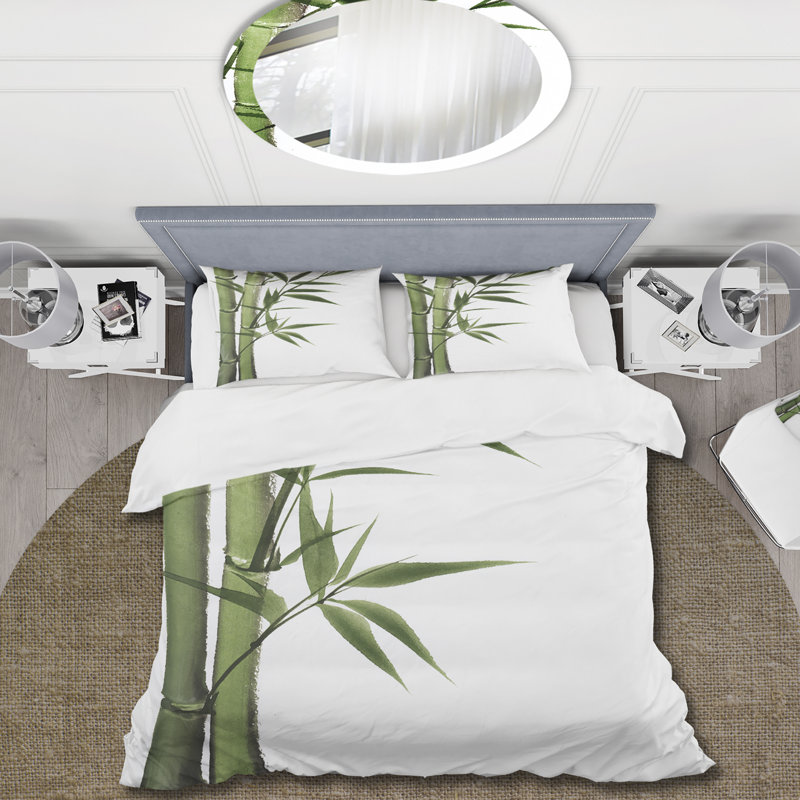 Détail de bambou vert foncé I - ensemble de housse de couette traditionnel - microfibre de polyester