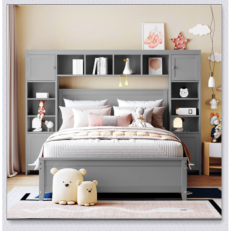 Lit en bois avec armoire et tablette tout-en-un, Gris