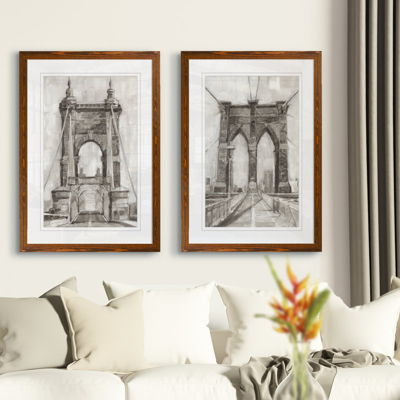 «Bridge Crossing I», ensemble de 2 reproductions d'art encadrées, H 20 po x l 16 po x P 1,25 po, Cadre en érable, Blanc