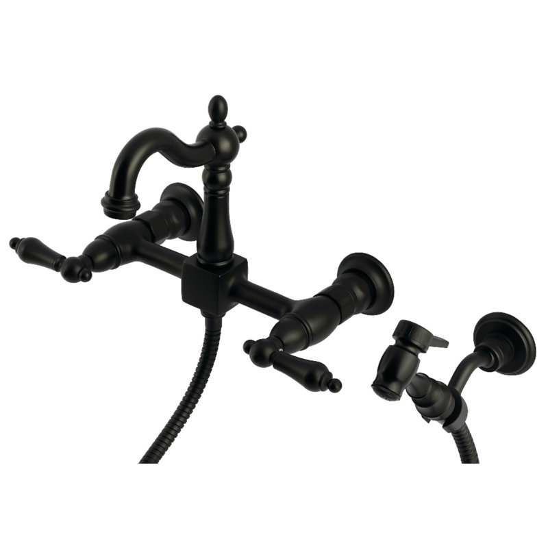 Kingston Brass Heritage Double-Handle 3-Hole Wall-Mount Bridge Kitchen Faucet with Brass Sprayer, Matte Black