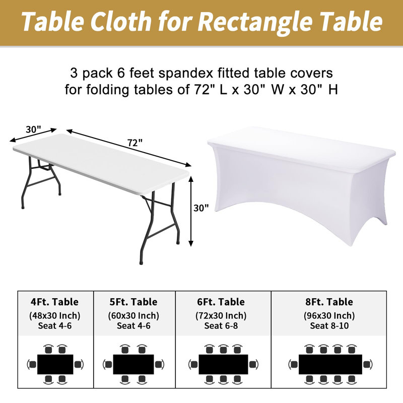 3 Pack White Table Cloths Rectangle 6FT, Tablecloths Rectangular Stretch Spandex Fitted Table Covers 6 Ft