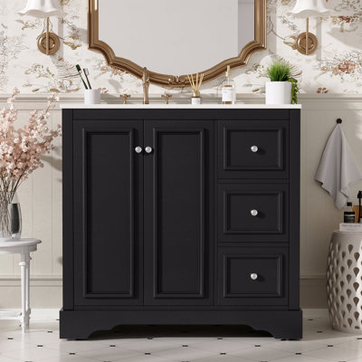 Bathroom Vanity With Ceramic Sink – Features 2 Soft-Close Doors, An Adjustable U-Shaped Shelf, 3-Drawer