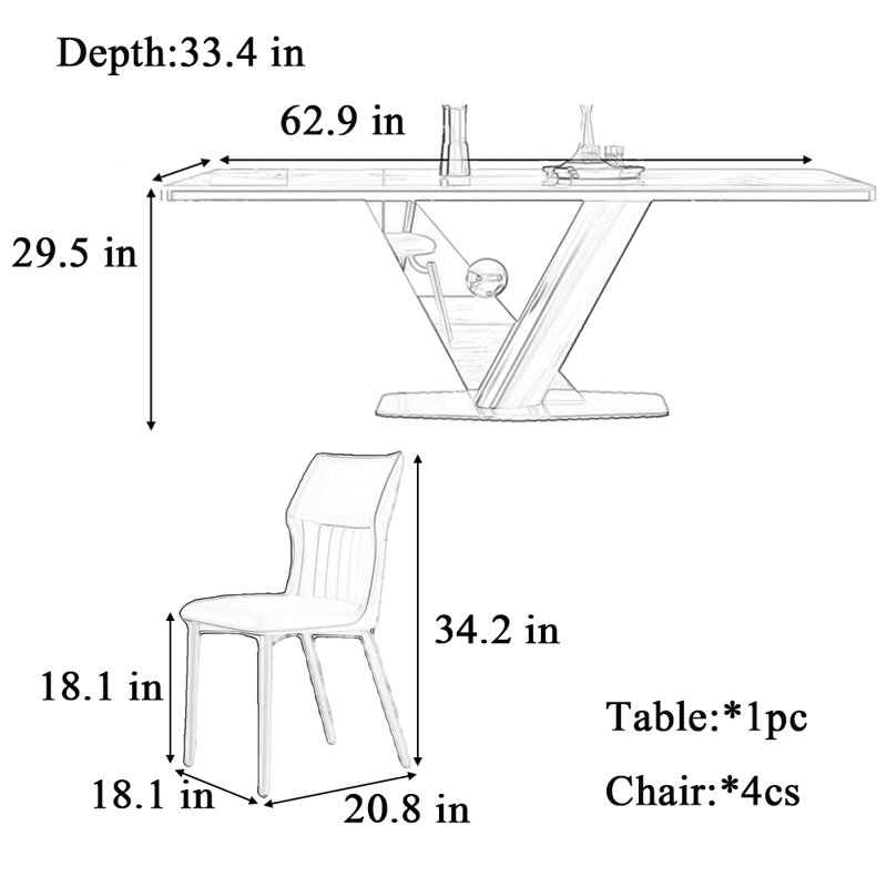 Table et chaise de designer minimaliste légère et luxueuse, H 29,5 po x L 62,9 po x l 33,4 po, Blanc