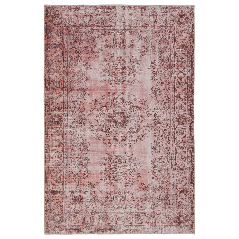 Tapis oriental rose / marron lavable à la machine, Rectangle 9 pi x 12 pi