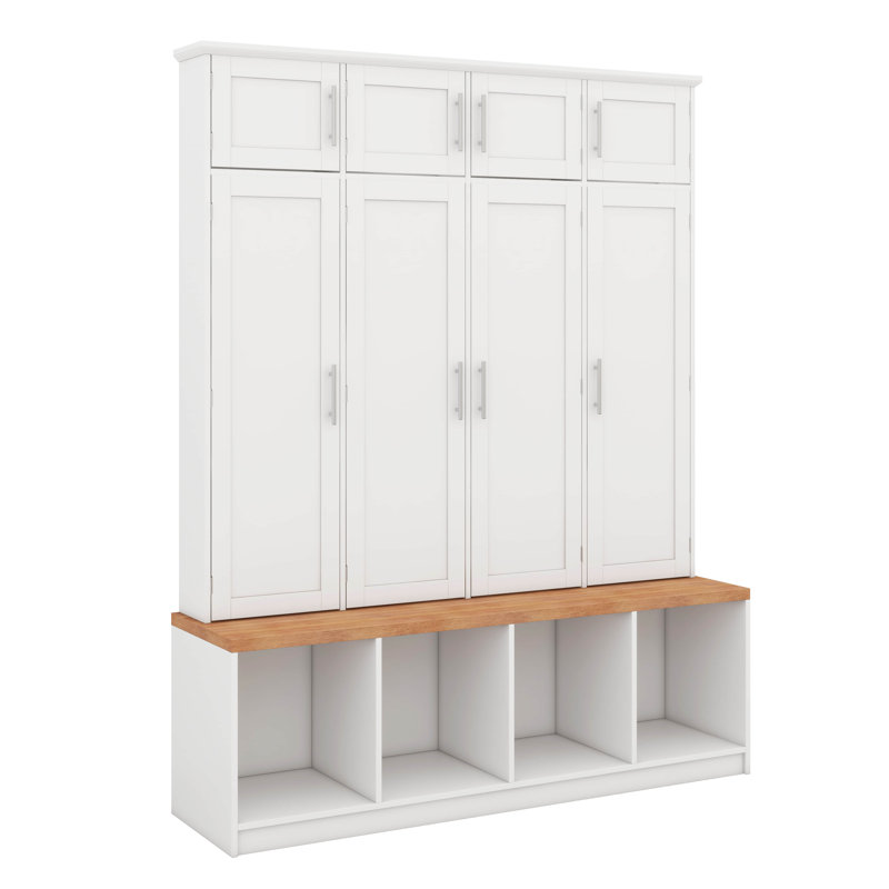 Arbre d'entrée de style campagnard avec 4 crochets cachés, banc polyvalent en noyer avec 8 portes, armoire à chaussures d'entrée avec compartiments ouverts