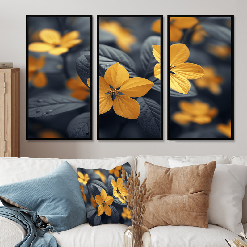 Fleurs de cerisier jaunes jaunes et jaunes, H 28 po x l 36 po x P 1 po, Toile avec cadre flottant noir
