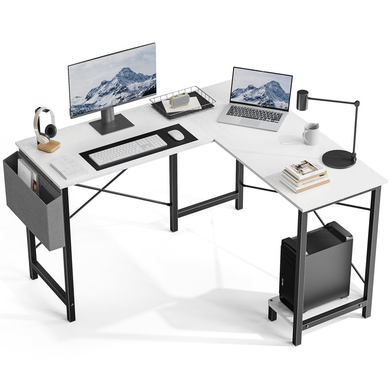 2-Set L-Shaped Computer Desk with Desk Monitor Stand and Side Storage Bag, White