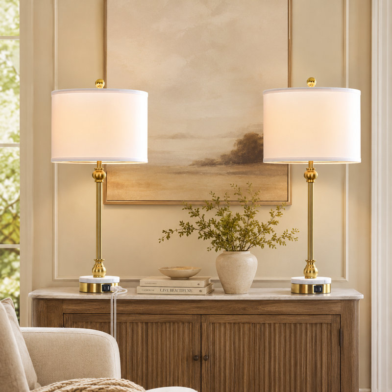  28.5" Modern Transitional Marble Table Lamp with USB and Type-C Ports Tall Dining Lamp for Bedroom Living Room