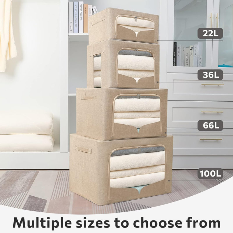 3 Pack Clothes Storage Bins Foldable Metal Frame Storage Box Stackable Linen Fabric Organizer Set With Carrying Handles And Clear Window