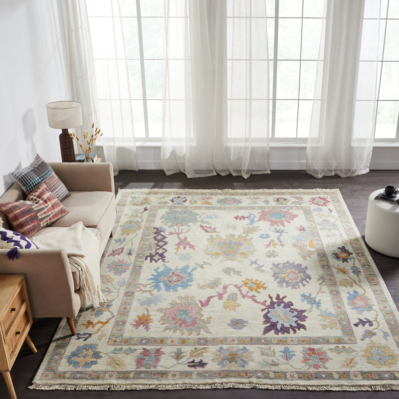 Colorburst Oushak Hand Knotted Area Rug in Ivory, Rectangle 3' x 5'