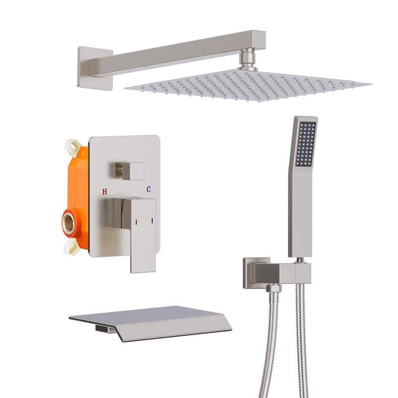 Topcraft Wall-Mounted 10-Inch Rain Shower System With Handheld Showerhead And Tub Spout, Brushed Nickel