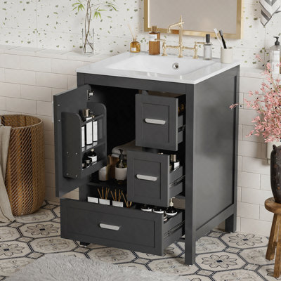 Meuble-lavabo moderne de 24 pouces avec lavabo en céramique, porte à fermeture douce, tablette de porte à double couche et 3 tiroirs