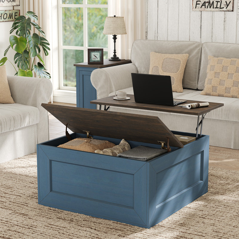 Bork Square Coffee Table For Living Room - 3 Colors Available (Black/Blue/White), Blue/Brown