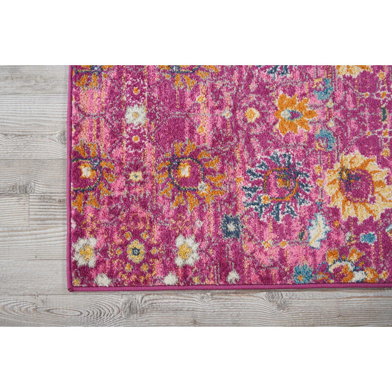 Tapis rose fuchsia / jaune / bleu Dreher, Tapis de couloir 2 pi 2 po x 7 pi 6 po