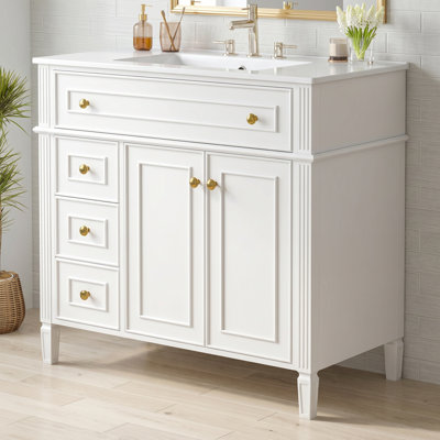 Meuble-lavabo simple 36 po avec lavabo 36 po, bois massif, tiroirs et portes à fermeture en douceur, poignées dorées, grand espace de rangement