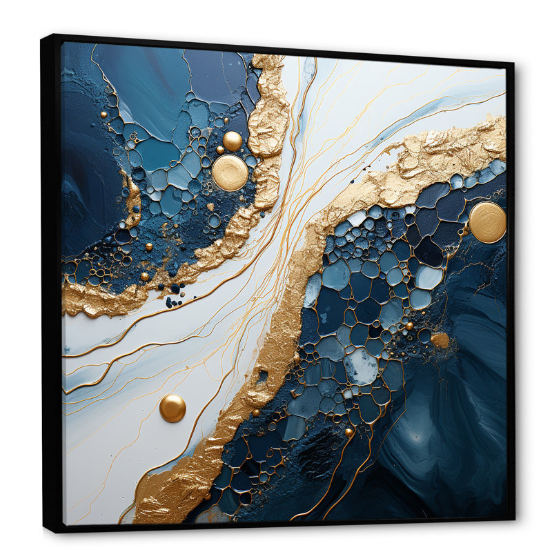 Art abstrait doré et bleu liquide IV - encre liquide abstraite, art mural, Cadre flottant noir, H 30 po x l 30 po x P 1,5 po