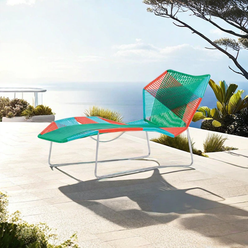 Resort Style Handwoven Rattan Lounge Chair Outdoor Chaise Lounge, Silver, Blue