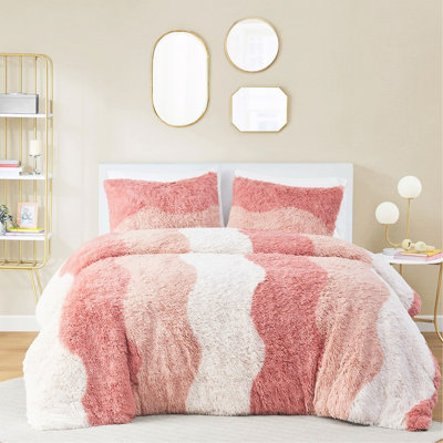 Édredon ombré en fausse fourrure grand format, rembourré, motif à vagues ton sur ton, 2 taies décoratives, dossier en microfibre, lavable pour le lit, rembourrage,