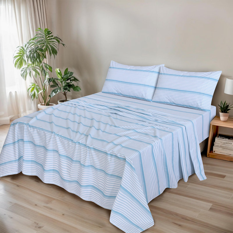 Ensemble de draps 100% coton biologique 4 pièces, Ensemble de draps pour grand lit avec 2 taies d'or, Nautique rayé