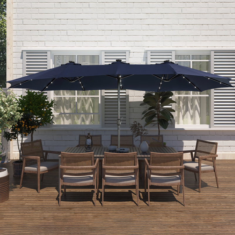Parasol de marché extérieur à double face avec base 36 lumières à DEL avec couvercle Kirkbride 181 po x 106 po, Marine