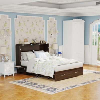 Grand lit escamotable rustique brun foncé de style rustique, lit escamotable escamotable escamotable avec tiroirs de rangement pour petite chambre et bureau à domicile, matelas inclus