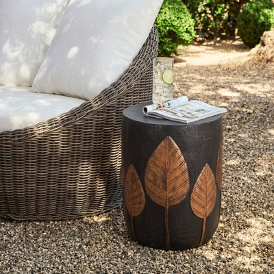Boho Two-Toned Leaf Pattern Lightweight Concrete Side Table, Cylindrical Design, No Assembly Required, 15.25" W x 15.25" D x 18.50" H