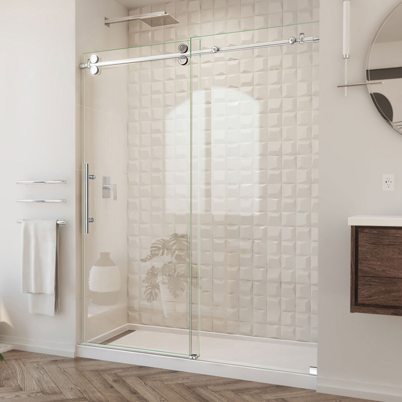 Enigma-XO 68" W x 76" H Single Sliding Frameless Shower Door with ClearMax™ Technology, Polished Stainless Steel