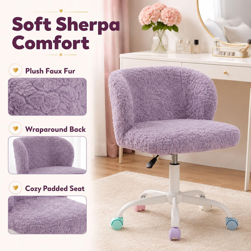 Chaise de bureau artificielle avec base en métal, chaise de bureau pivotante, chaise de coiffeuse (violet), Violet