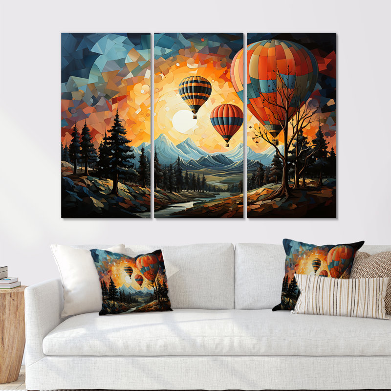«Cubist Balloon Expedition - Montgolfière», ensemble d'art mural en toile, H 28 po x l 36 po x P 1 po