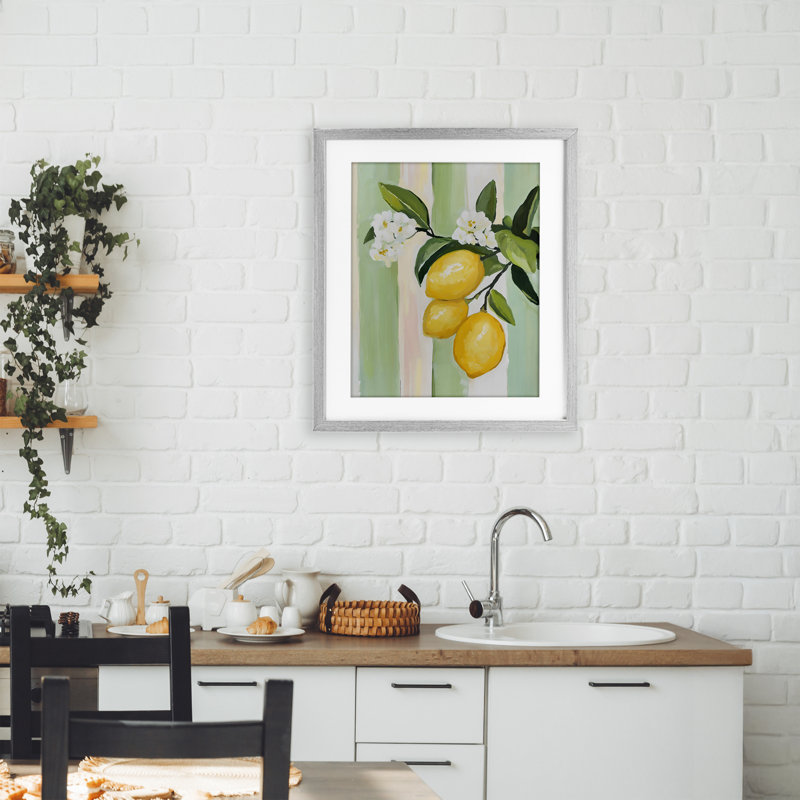 «Lemons & Flowers on Stripes», reproduction sous verre encadrée, design par The Prints Vibe, 21 x 17