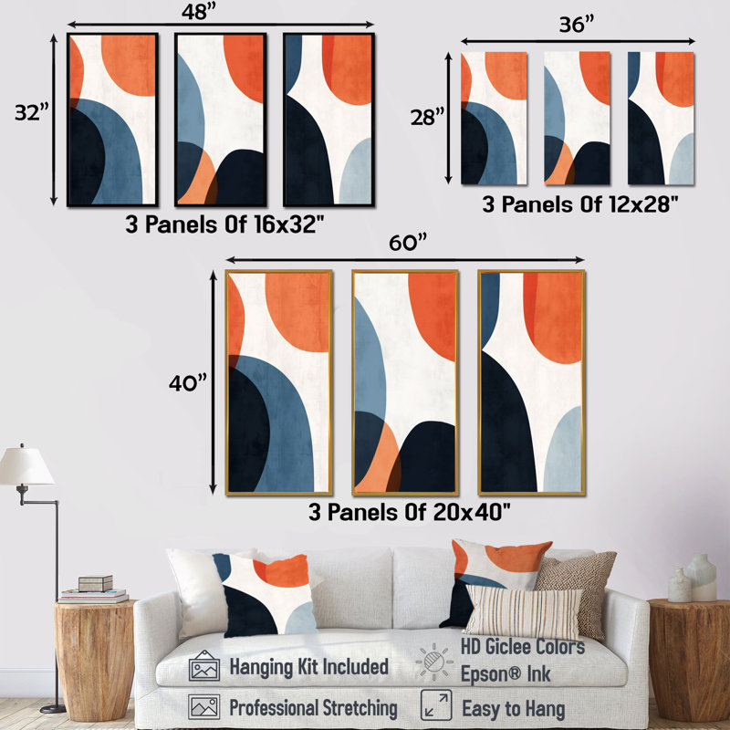 Ensemble de 3 décorations murales abstraites bleues et bleues, H 28 po x l 36 po, Cadre flottant blanc