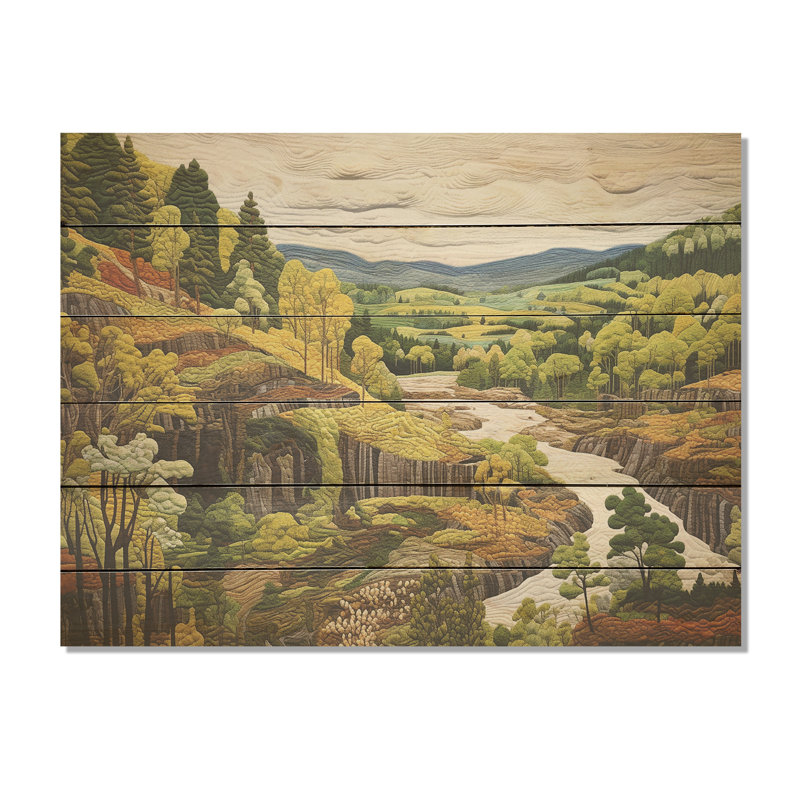 Green Wondering Pastoral Harmony - Mountains River Wood Panel Wall Art On Natural Pine Wood, 30" H x 40" W