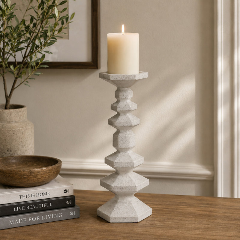 Porte-bougie de table, formes géométriques empilées, résine blanche 18 po