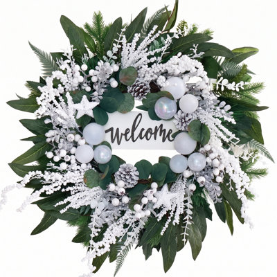 Décoration de porte de guirlande de Noël pour l'extérieur avec porte d'entrée de 17,7 pouces avec signe «Welcome», étoile blanche, boules de Noël, pommes de pin et baies blanches