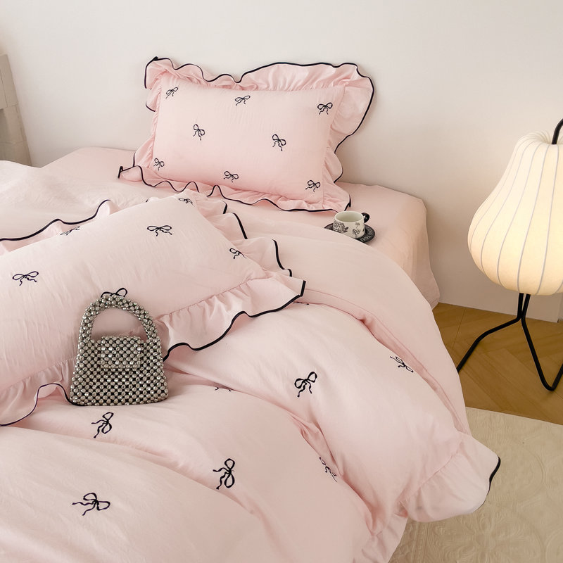 3-Piece Cute Embroidered Bow Ruffle Duvet Cover Set, Twin Duvet Cover + 2 Standard Pillowcases, Pink