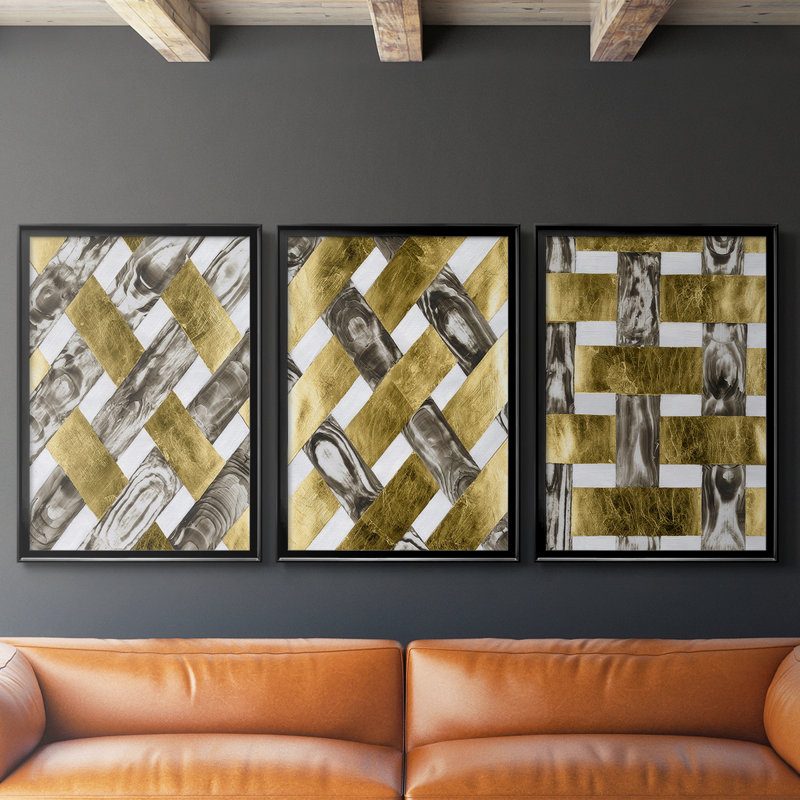End Grain Weave I - Toile tendue avec châssis sur mesure - 3 pièces, Noir, noir, noir, noir, H 30 po x l 63 po