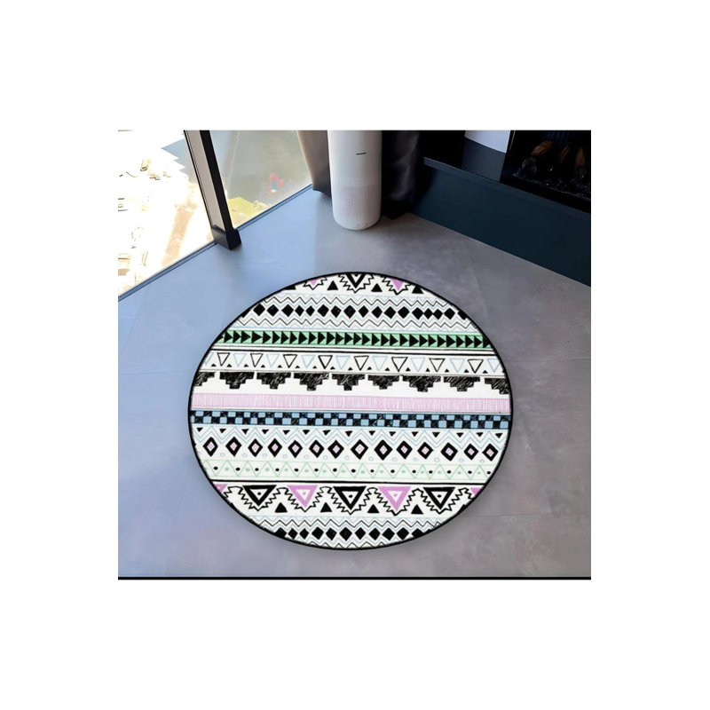 Multicolored Black Ethnic Detailed Woven Base Modern Decorative Carpet, Round 3'4"