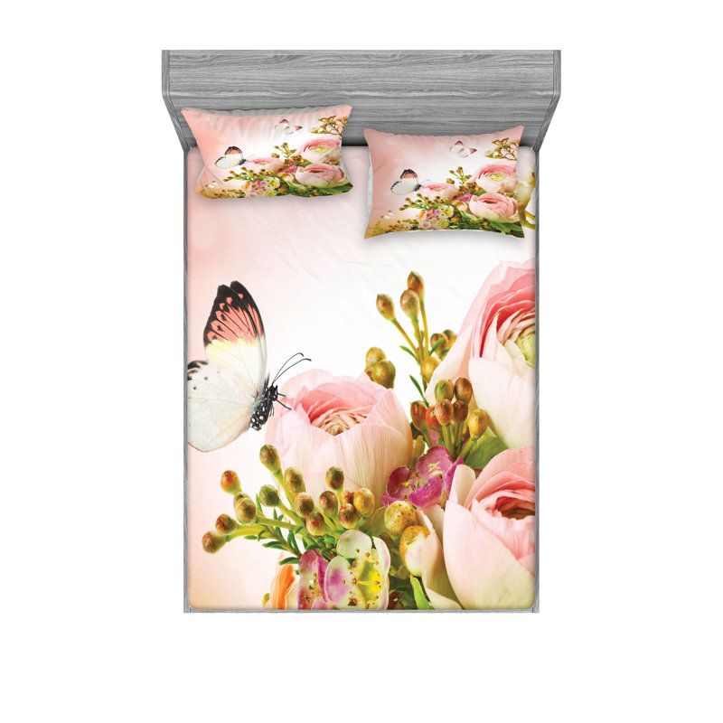 Ambesonne Butterfly Fitted Sheet & Pillow Sham  Set,  Multicolor, Queen Sheet Set with 4 Pillowcases