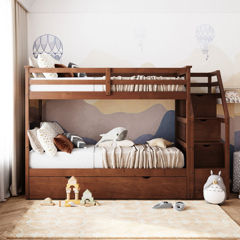 Solid Wood Twintwin Bunk Bed In Walnut With Trundle Function Walnut And Storage Capacity