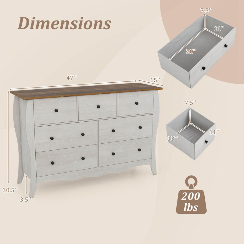 1 Pcs 47" Farmhouse Chest Of Drawers With 7 Folding Fabric Drawers Anti-tipping Kit Gray